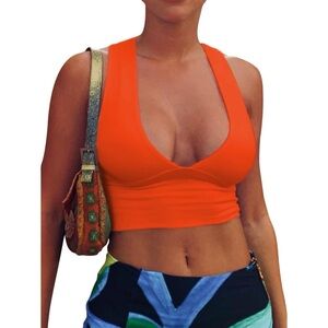 AEPEBO Plunge V-Neck Sleeveless Racerback Cropped Tank Top in Orange Size S